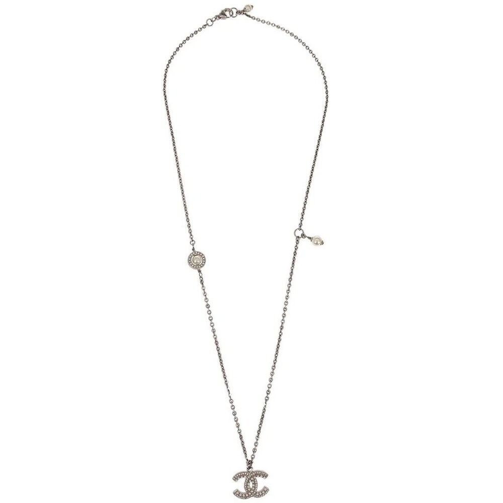 Chanel CC Chain Necklace Pendant Silver Artificial Pearl Rhinestone F19K 117773 - Picture 1 of 8